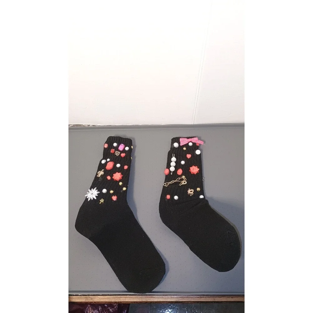 Embellished Crew Socks Womens OS Black Good DIY Kitsch Maximalist